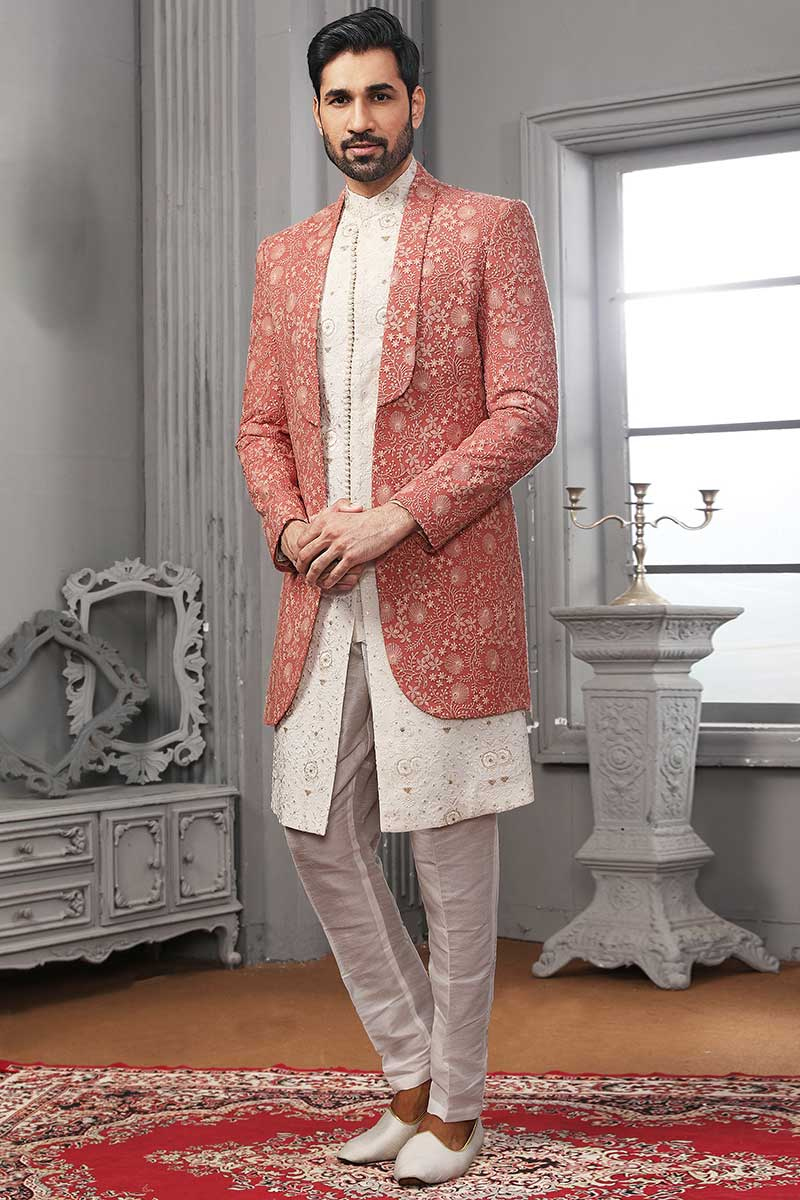 Embroidered Georgette Off White Men's Sherwani