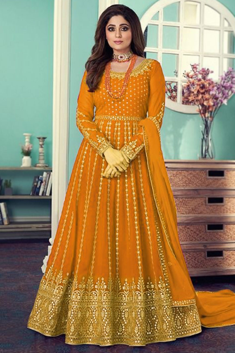 Embroidered Georgette Orange Anarkali Suit