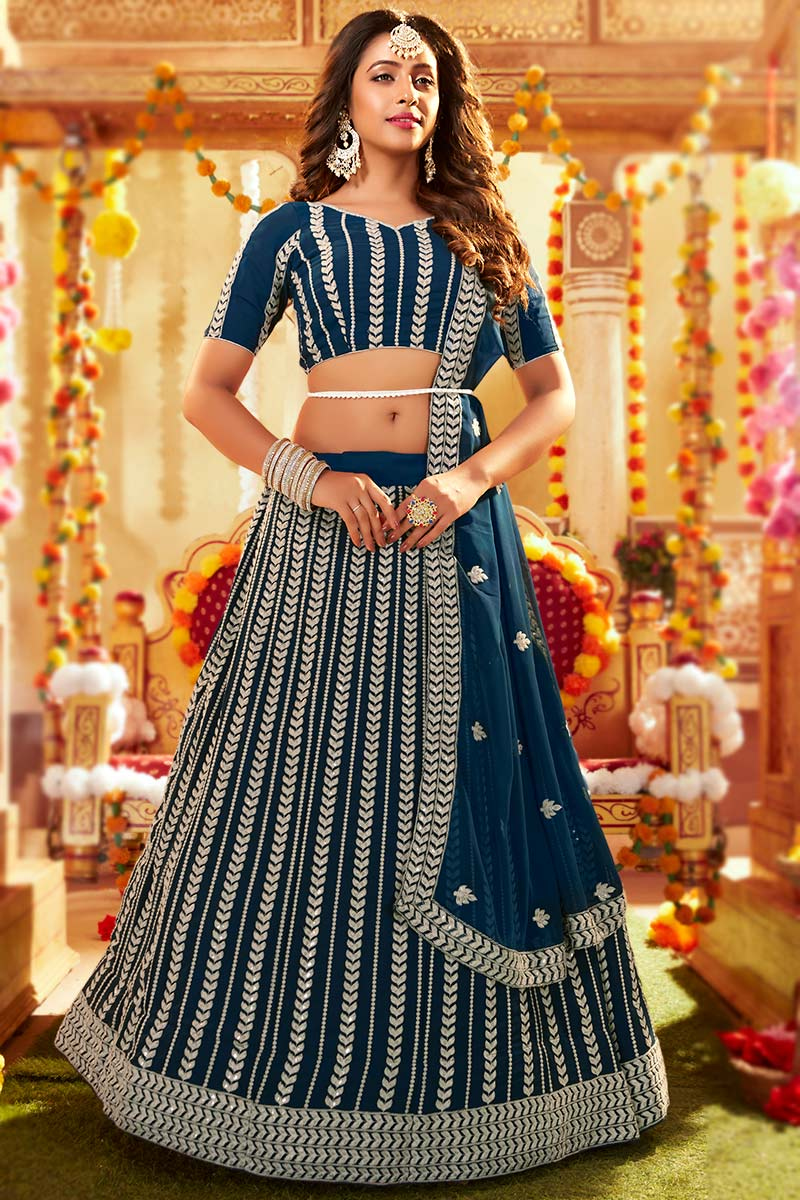 Georgette Prussian Blue Resham Embroidered Wedding Wear Lehenga