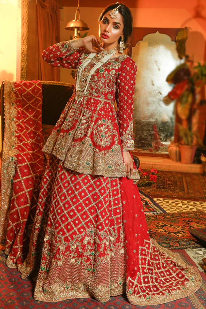 Buy Embroidered Georgette Red Trail Cut Bridal Lehenga LLCV113681