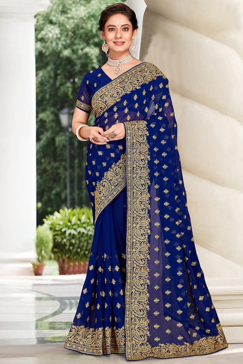 Wedding Collection Online Embroidered Georgette Royal Blue Saree