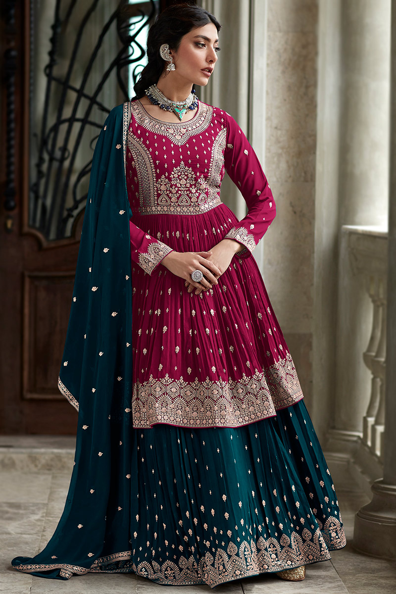 A Line Lehenga in Georgette Teal Blue for Wedding 