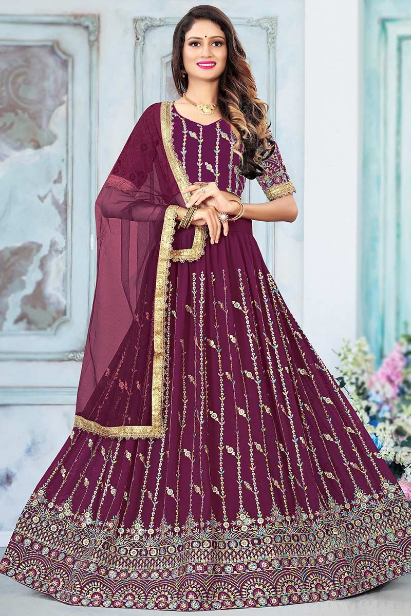 Wine Maroon Georgette Lehenga for Sangeet with Resham embroidery
