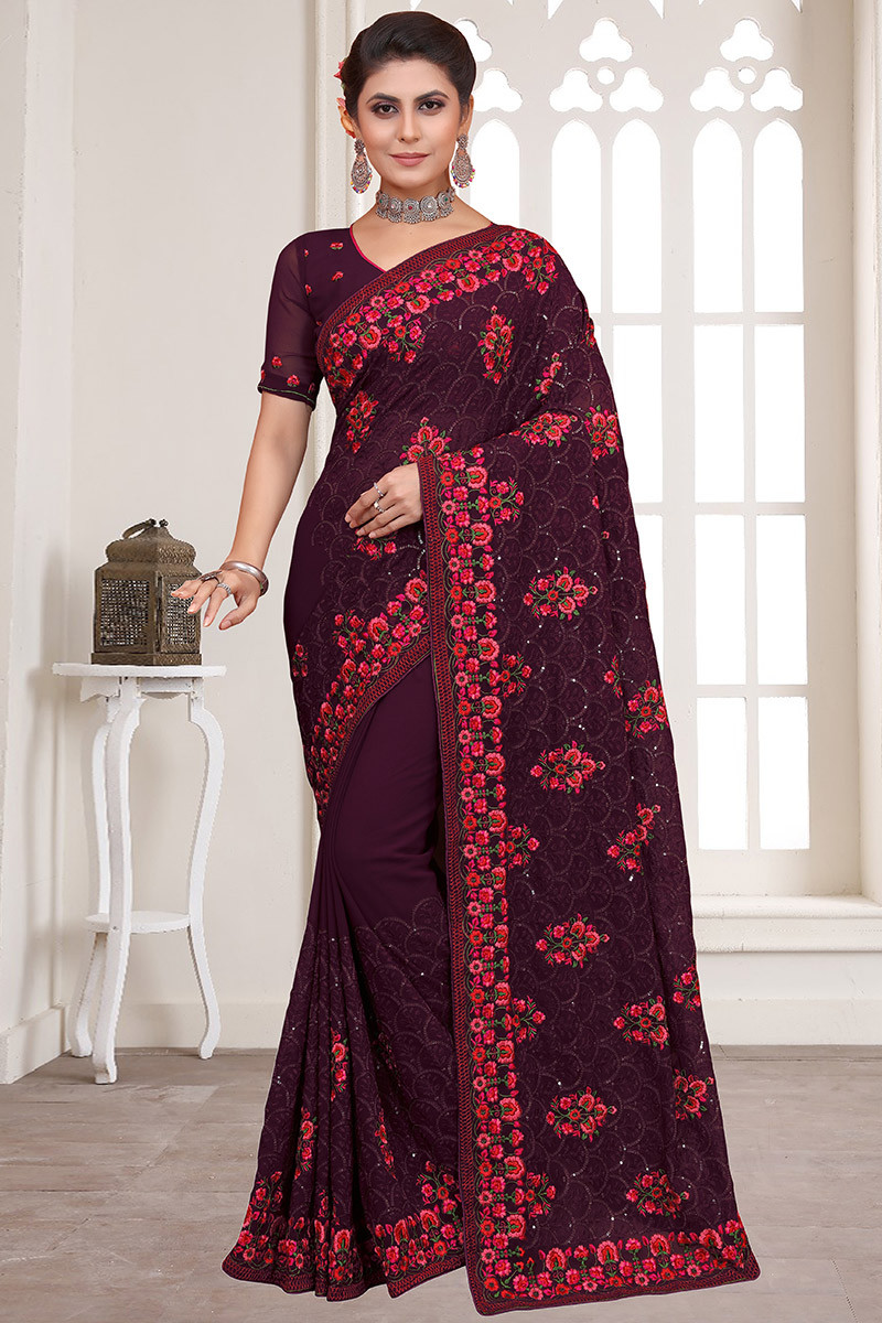 Maroon Georgette Designer Saree #sale #silk #borderwork #Trendy #sari #saree  #WomenClothing #WomenWear #Design… | Party wear sarees, Saree designs, Georgette  sarees