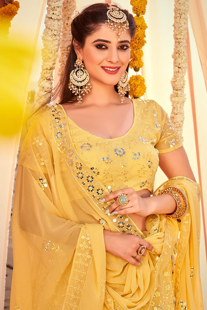 Deep Yellow Lehenga Set with Zari Embroidery and Gold Highlights - Seasons  India
