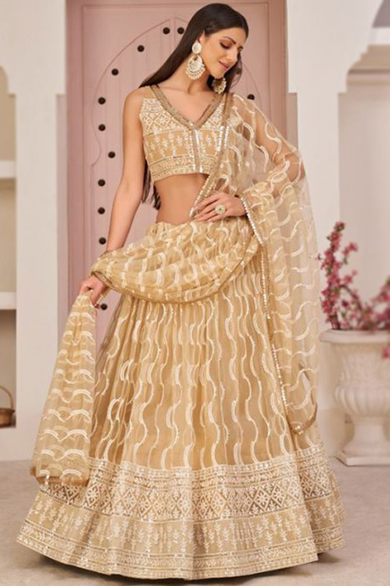 Wedding Wear Resham Embroidered Lehenga in Net Gold