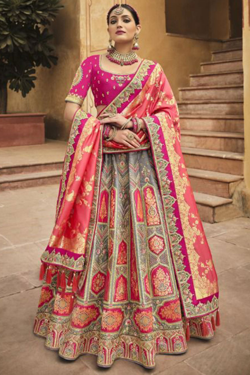 Embroidered Grey Silk A-Line Lehenga