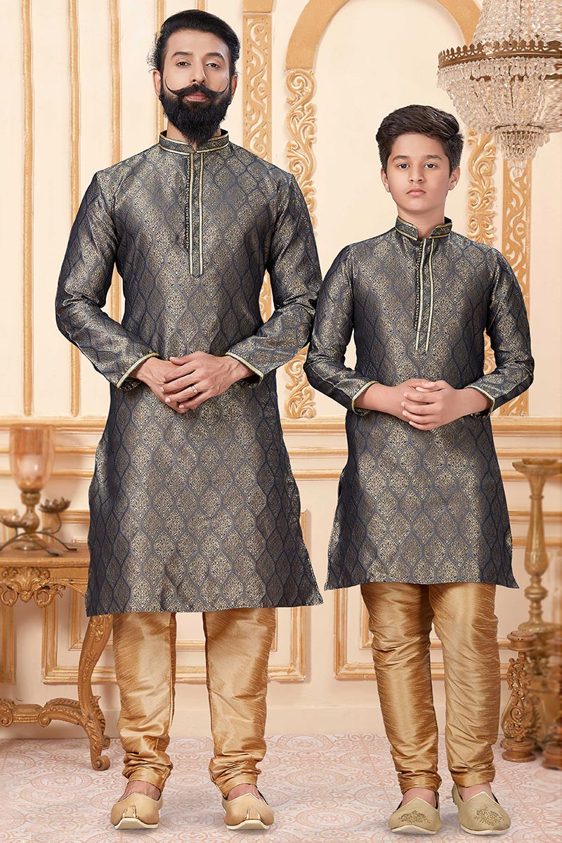 Embroidered Jacquard Dark Grey Father-Son Duo Kurta With Churidar