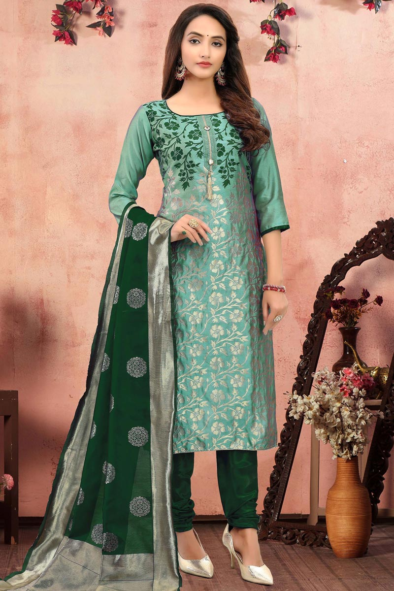 Embroidered Jacquard Light Green Churidar Suit