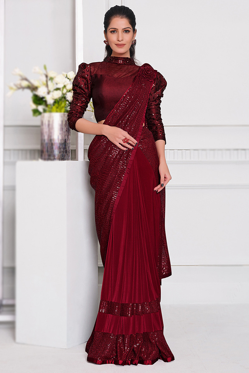 In Style Embroidered Lycra Deep Red Saree