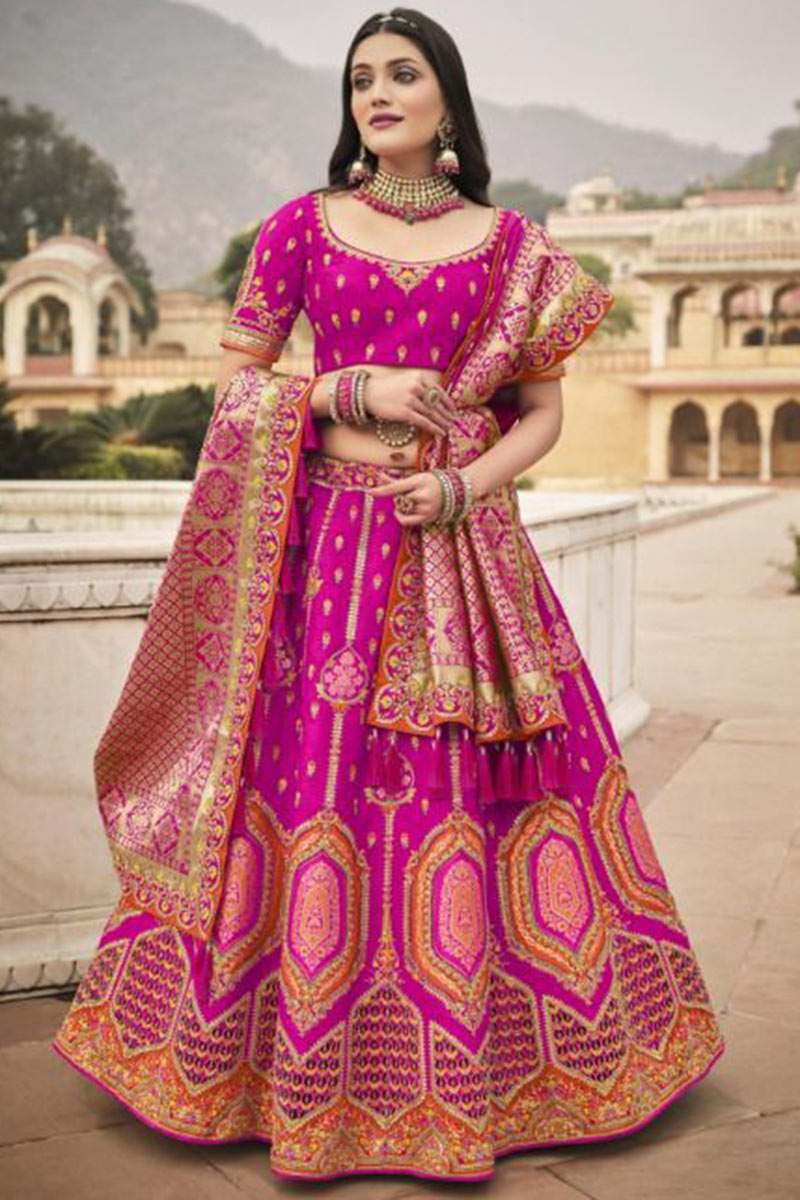 Embroidered Magenta Pink Silk Fancy Lehenga