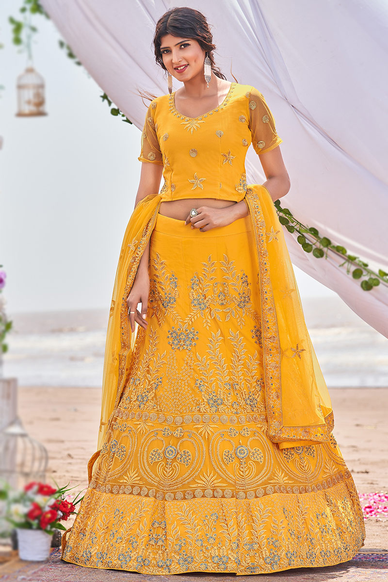 Embroidered Mustard Yellow Net A Line Lehenga