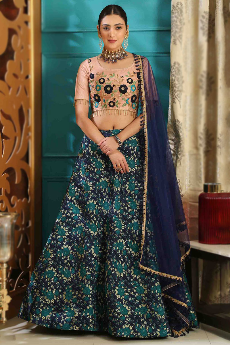 Embroidered Navy Blue Art Silk Panelled Lehenga
