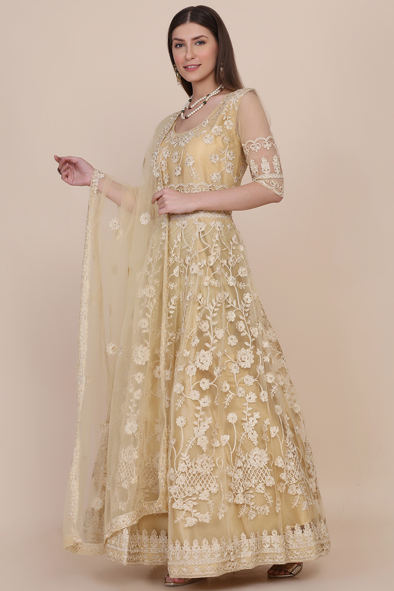 Embroidered Net Beige Anarkali Suit LSTV121958
