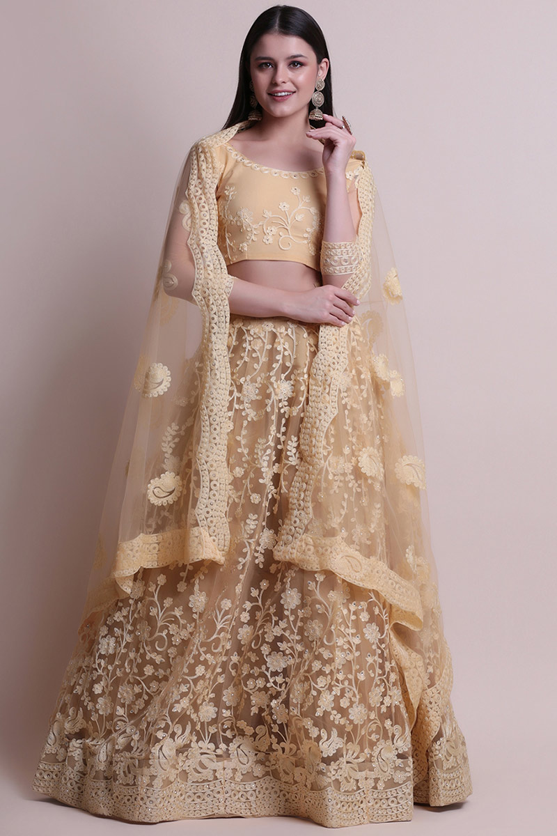 Embroidered Net Beige Lehenga with Resham Thread Work