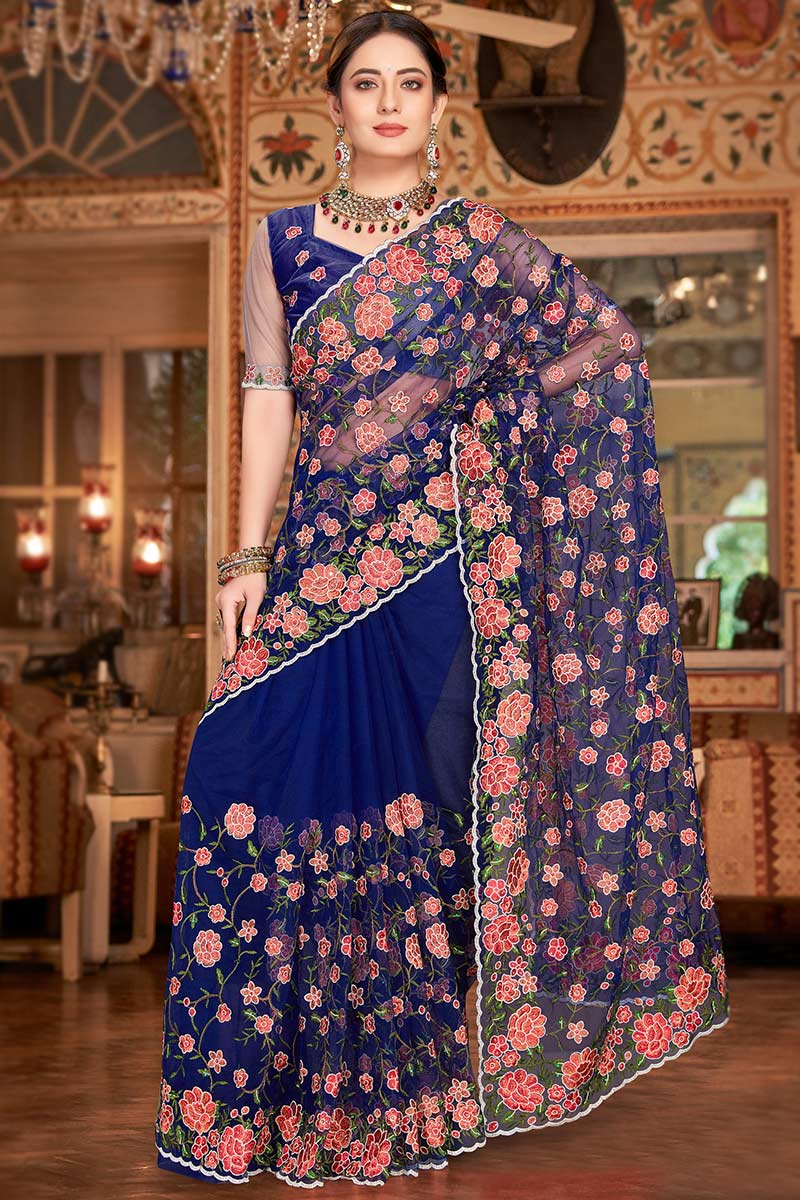 Embroidered Net Blue Saree