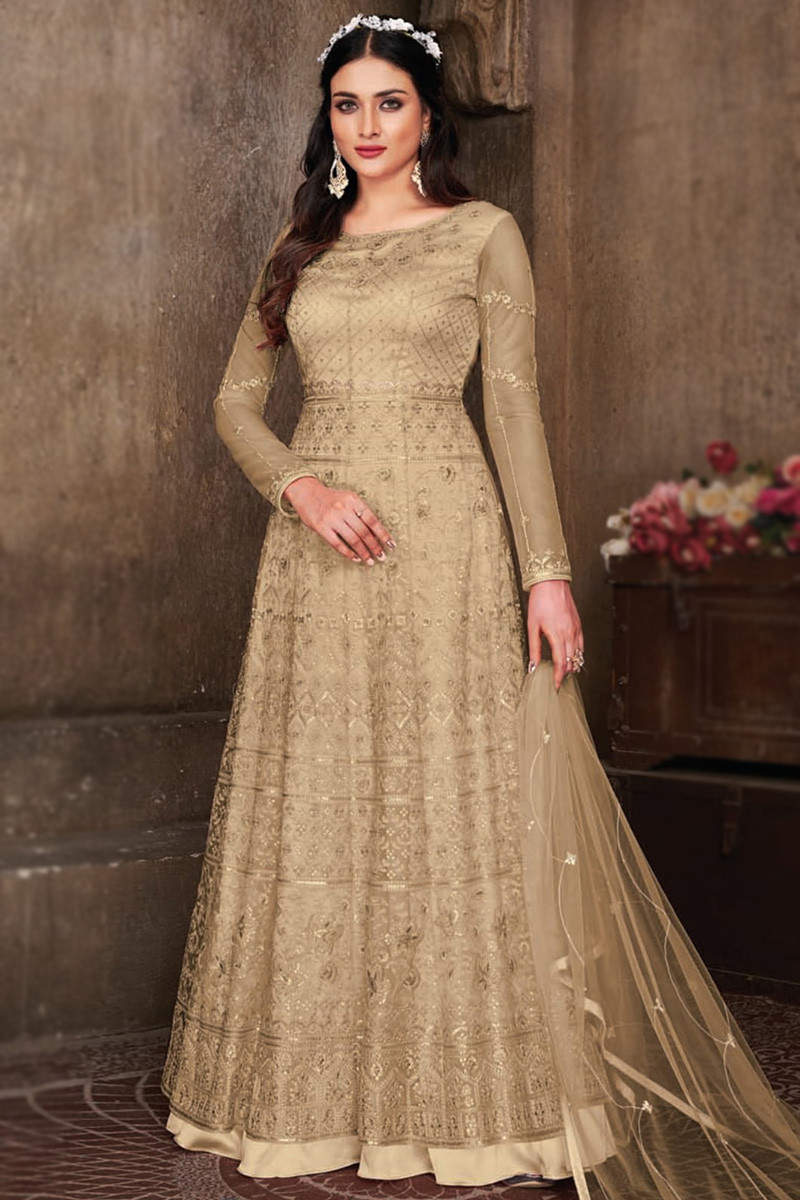 Embroidered Net Dark Beige Anarkali Suit