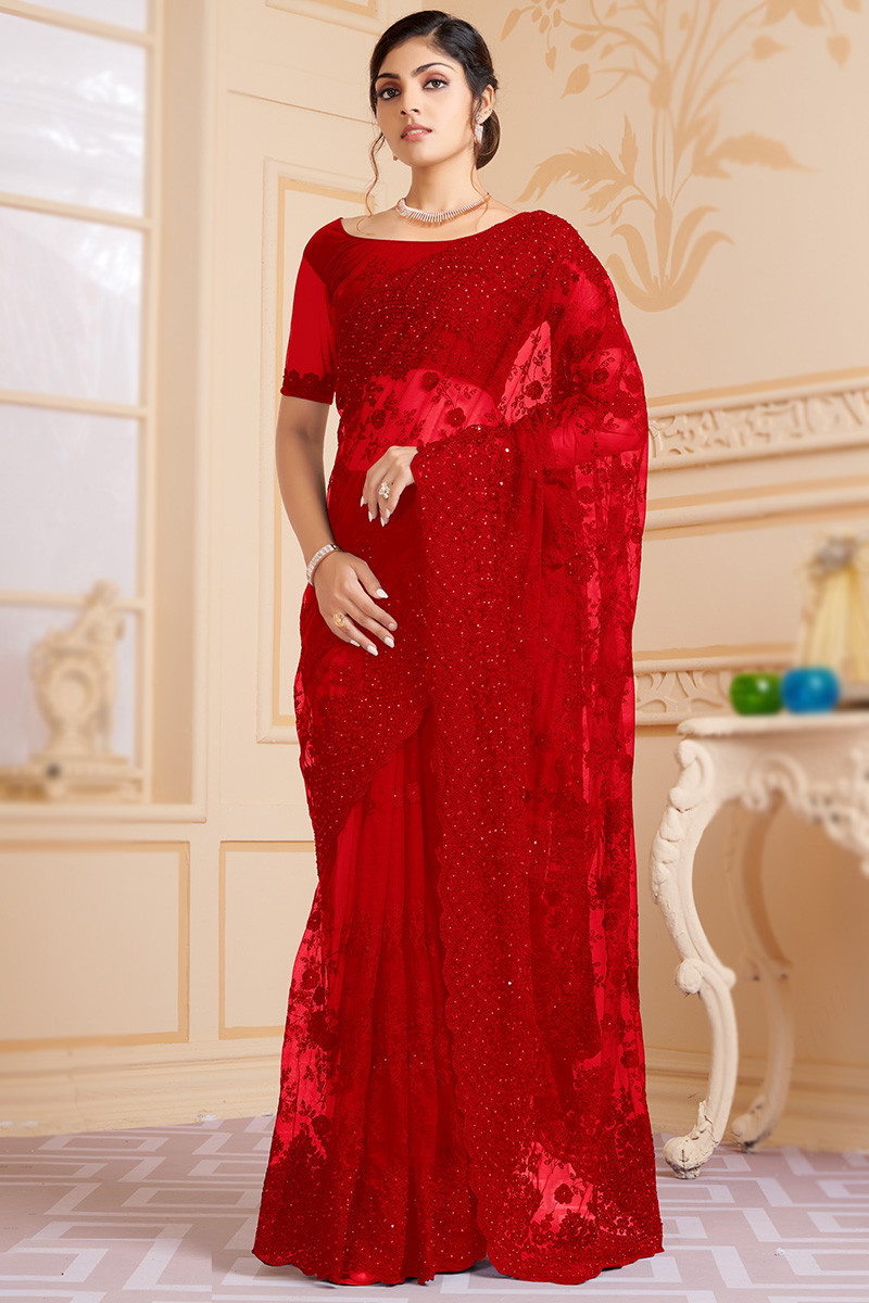 Embroidered Net Deep Red Saree