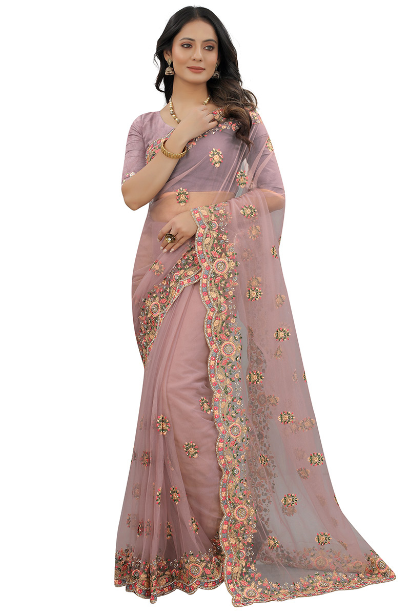 Net Dusty Pink Thread Embroidered Party Wear Saree
