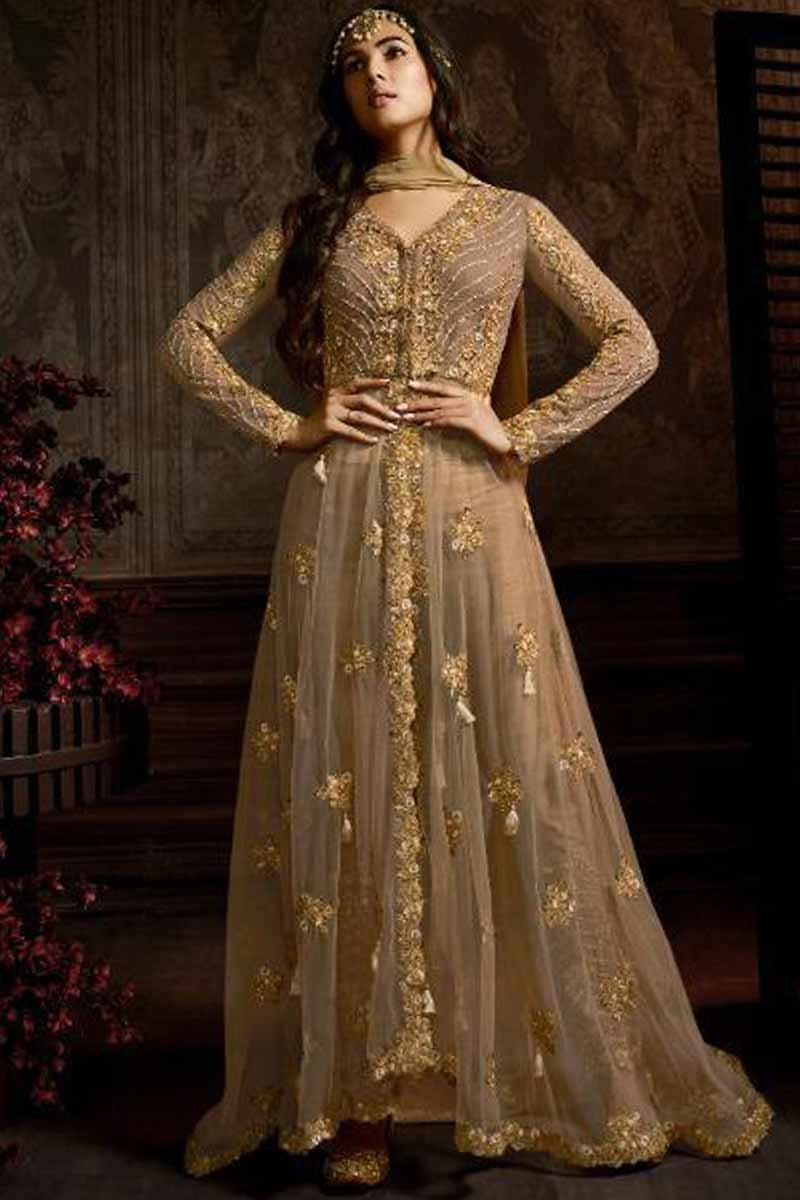 Buy Embroidered Net Golden Beige Anarkali Suit Online LSTV03719 Andaaz Fashion