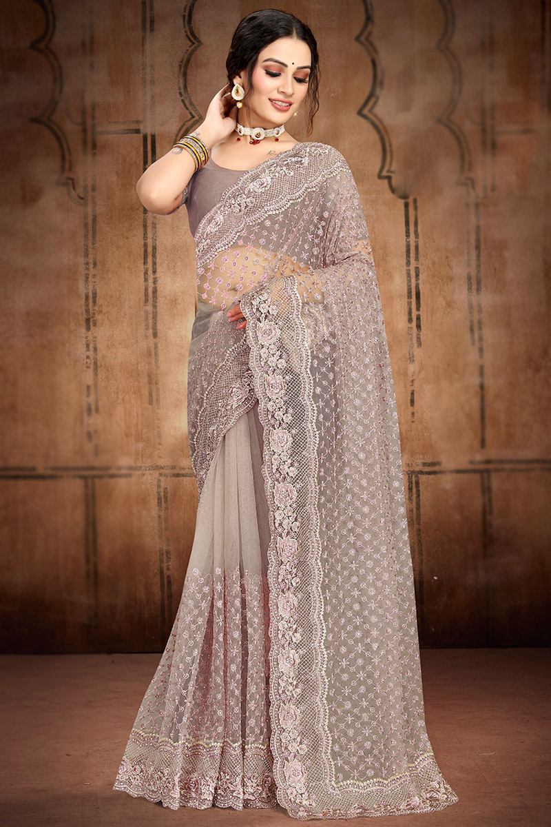 Thread Work Grey Beige Saree in Net for Party 