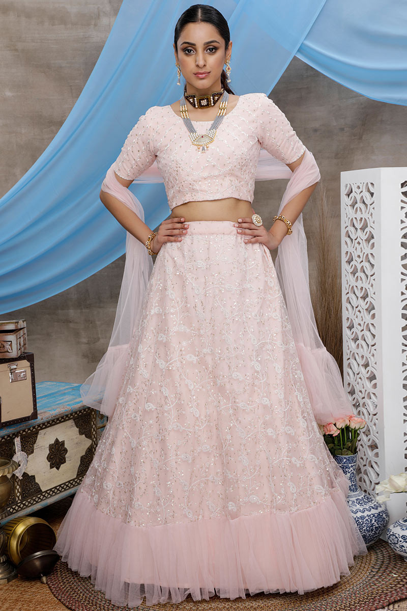 Peach embroidered net unstitched lehenga - MESMORE - 3329026