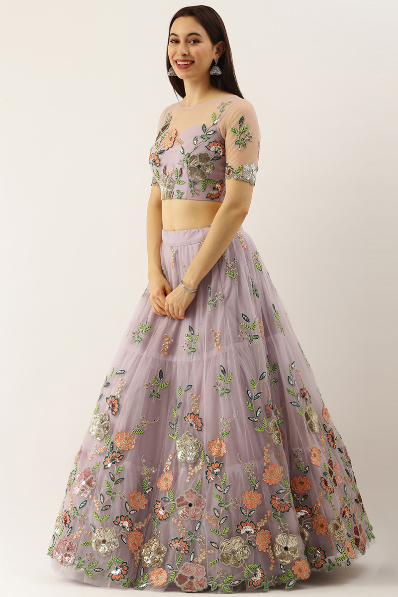 Mauve Semi-Stitched Embroidered Net Lehenga