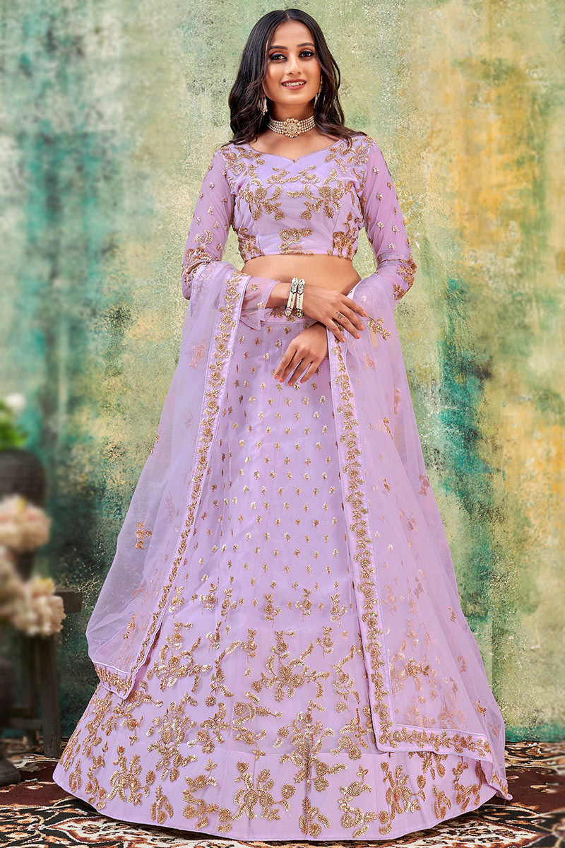 Embroidered Net Light Purple Lehenga