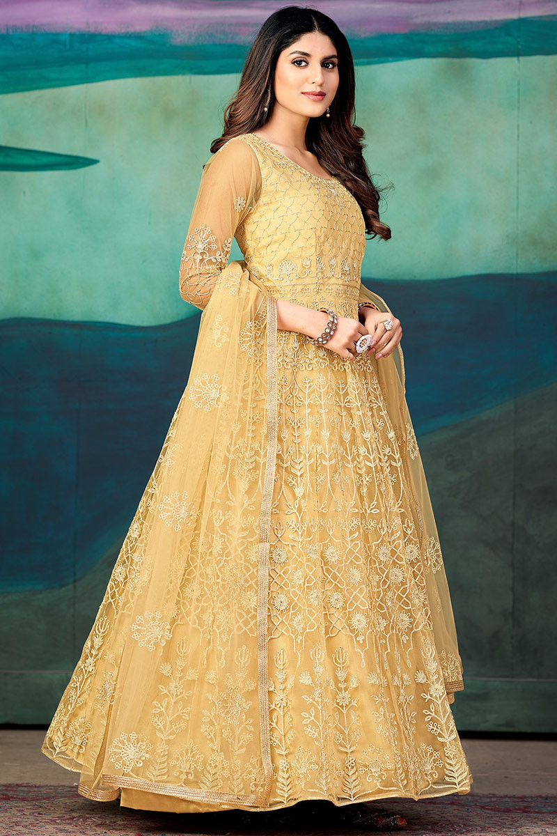 Embroidered Net Light Yellow Anarkali Suit