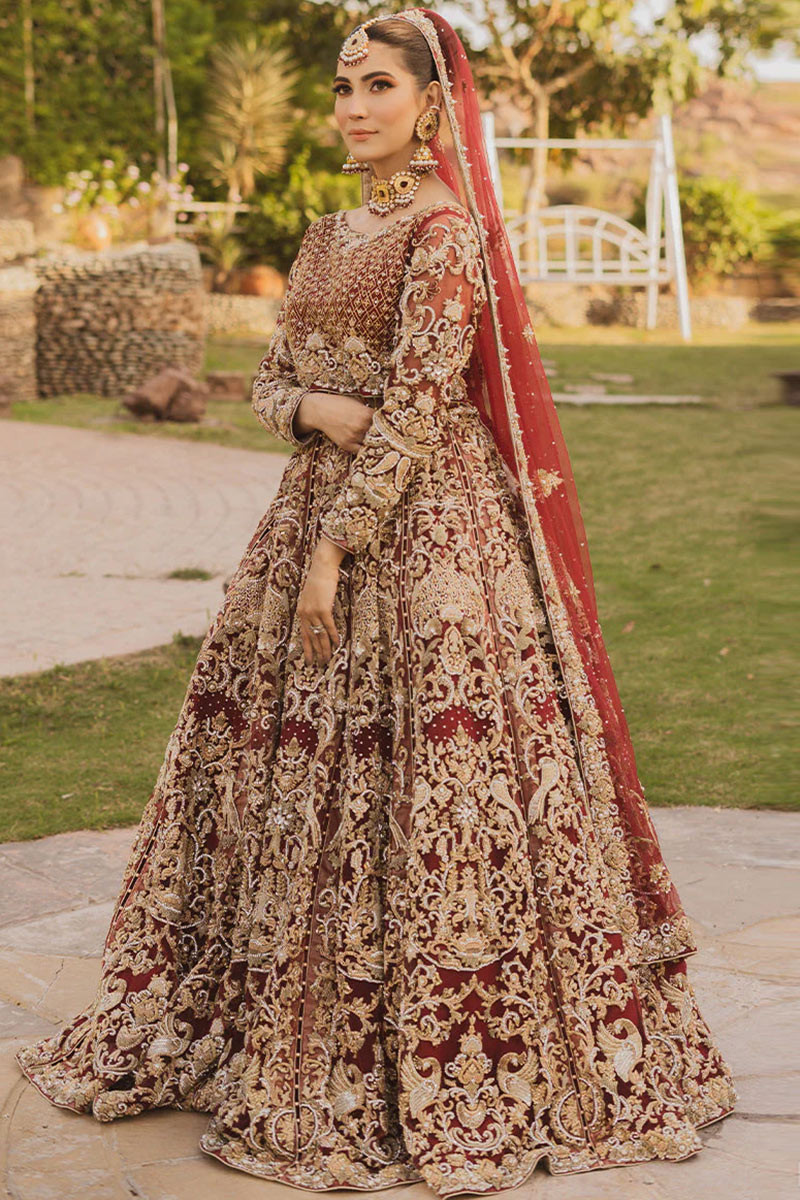 Maroon Tissue appliqued and embellished vertical brocade lehenga with –  Estie Couture