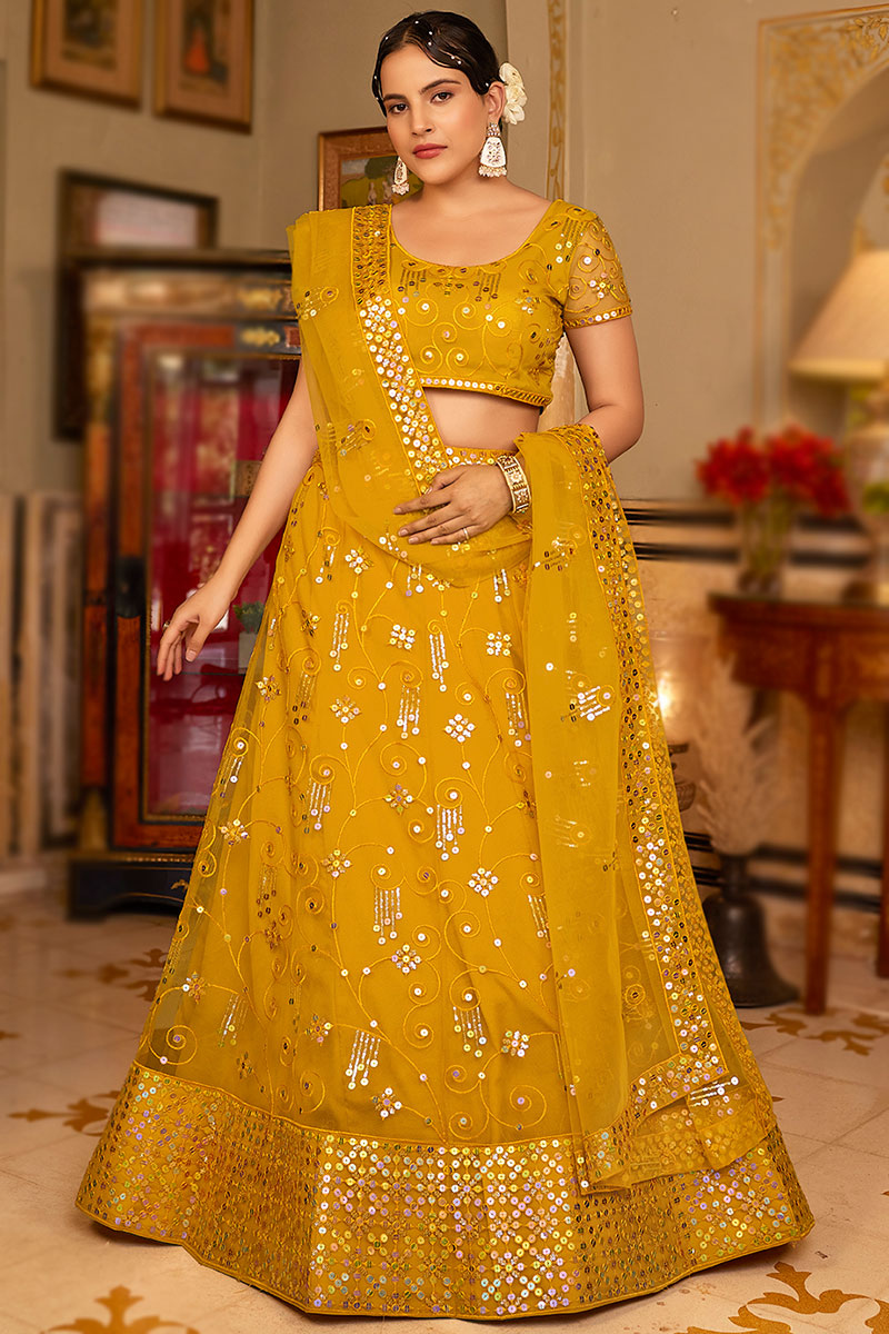 Embroidered Net Mustard Yellow Panelled Style Lehenga
