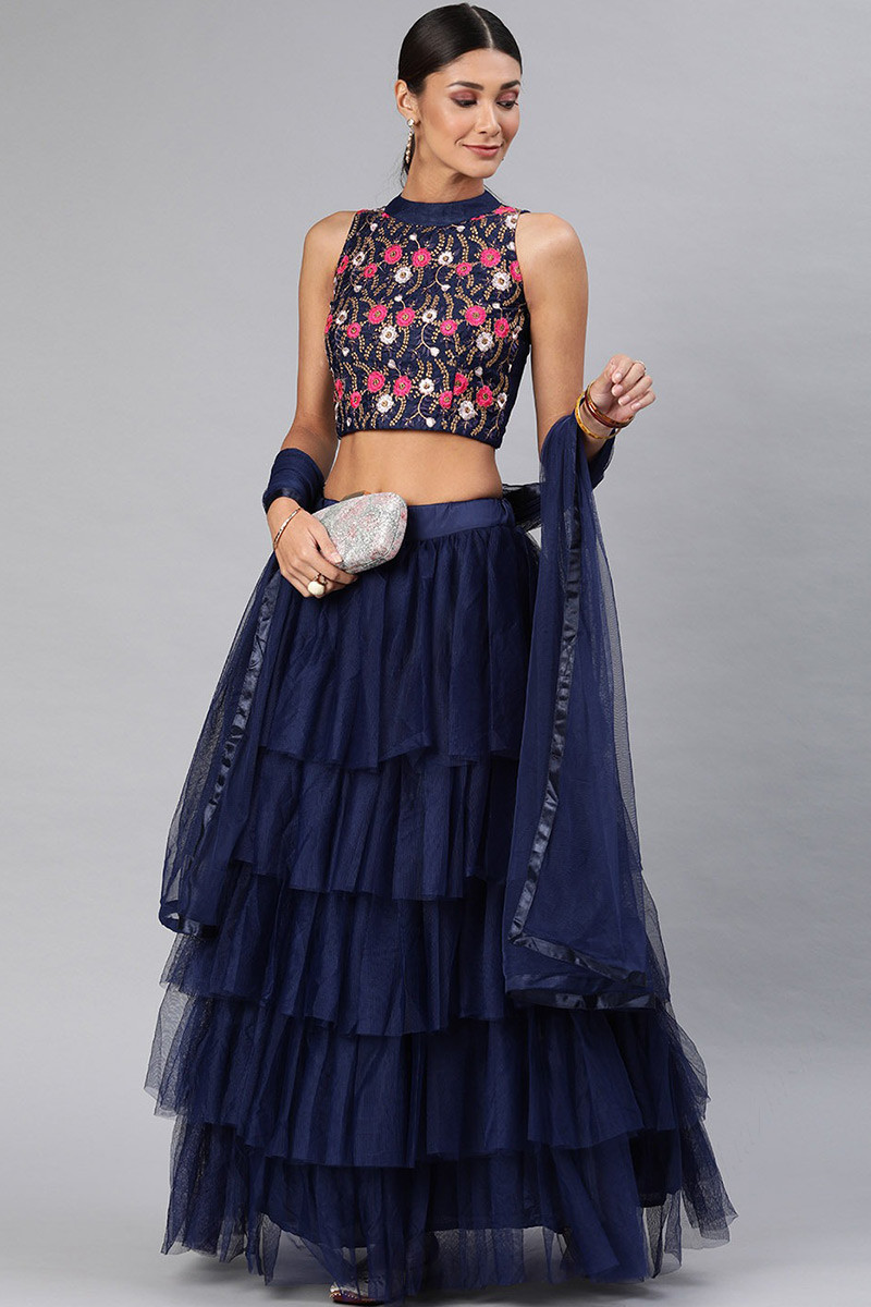 Buy Blue Organza Embroidery Bead Round Crop Top And Lehenga Set For Women  by Osaa by Adarsh Online at Aza Fashions.
