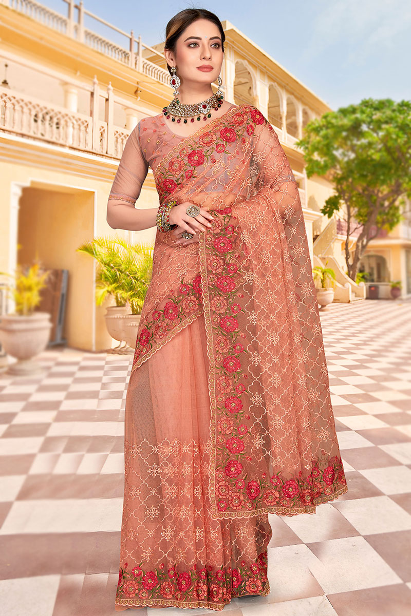 Peach Banarasi Silk Party Wear Saree in Net