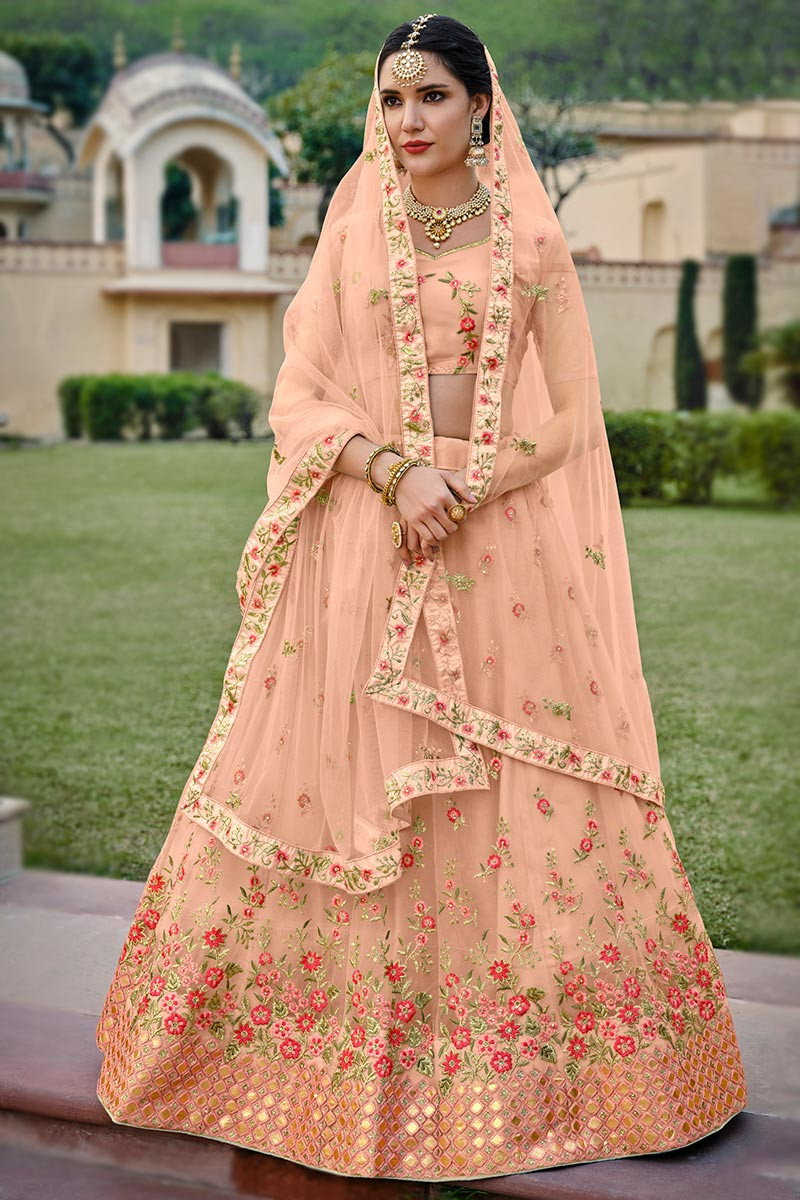 Beige And Peach Hand Embroidered Lehenga Choli | Indian wedding lehenga,  Silk lehenga, Indian outfits