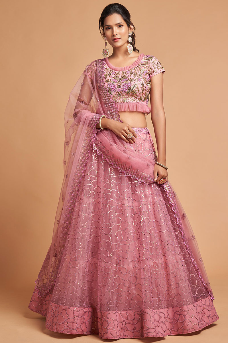 Embroidered Net Pink Lehenga