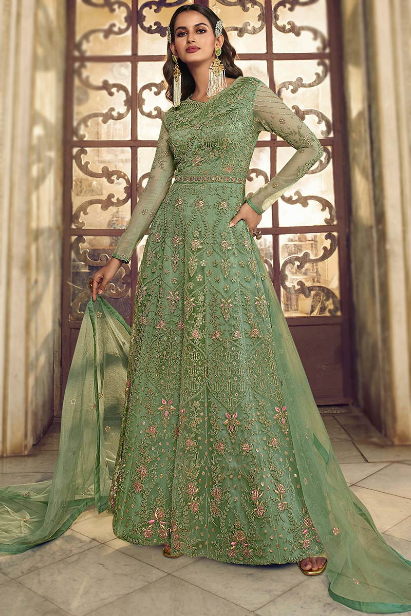 Sherwood Green Designer Embroidered Wedding Anarkali Suit | Saira's Boutique