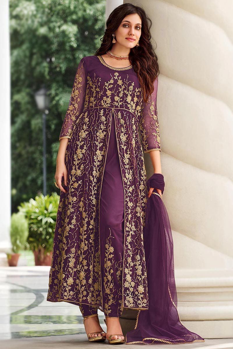 Embroidered Net Plum Purple Anarkali Suit