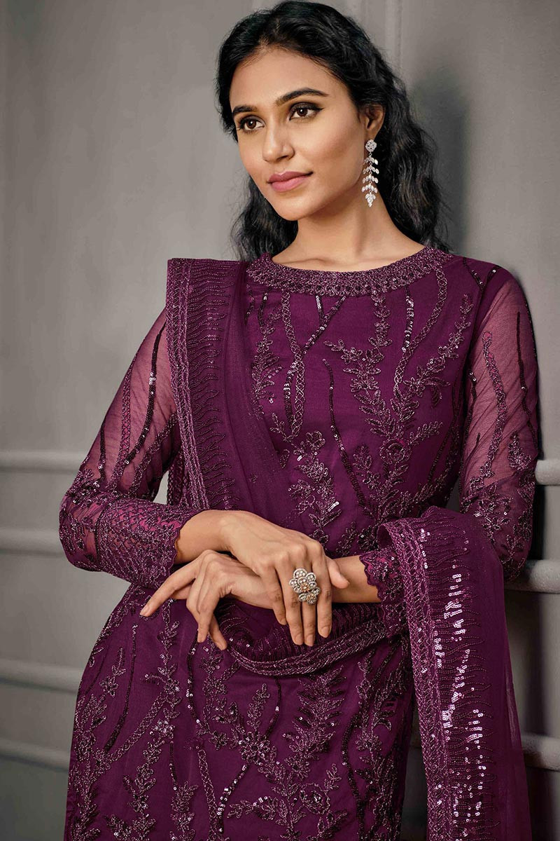 Purple Flared Suit With Heavy Embroidered Border 4093SL02