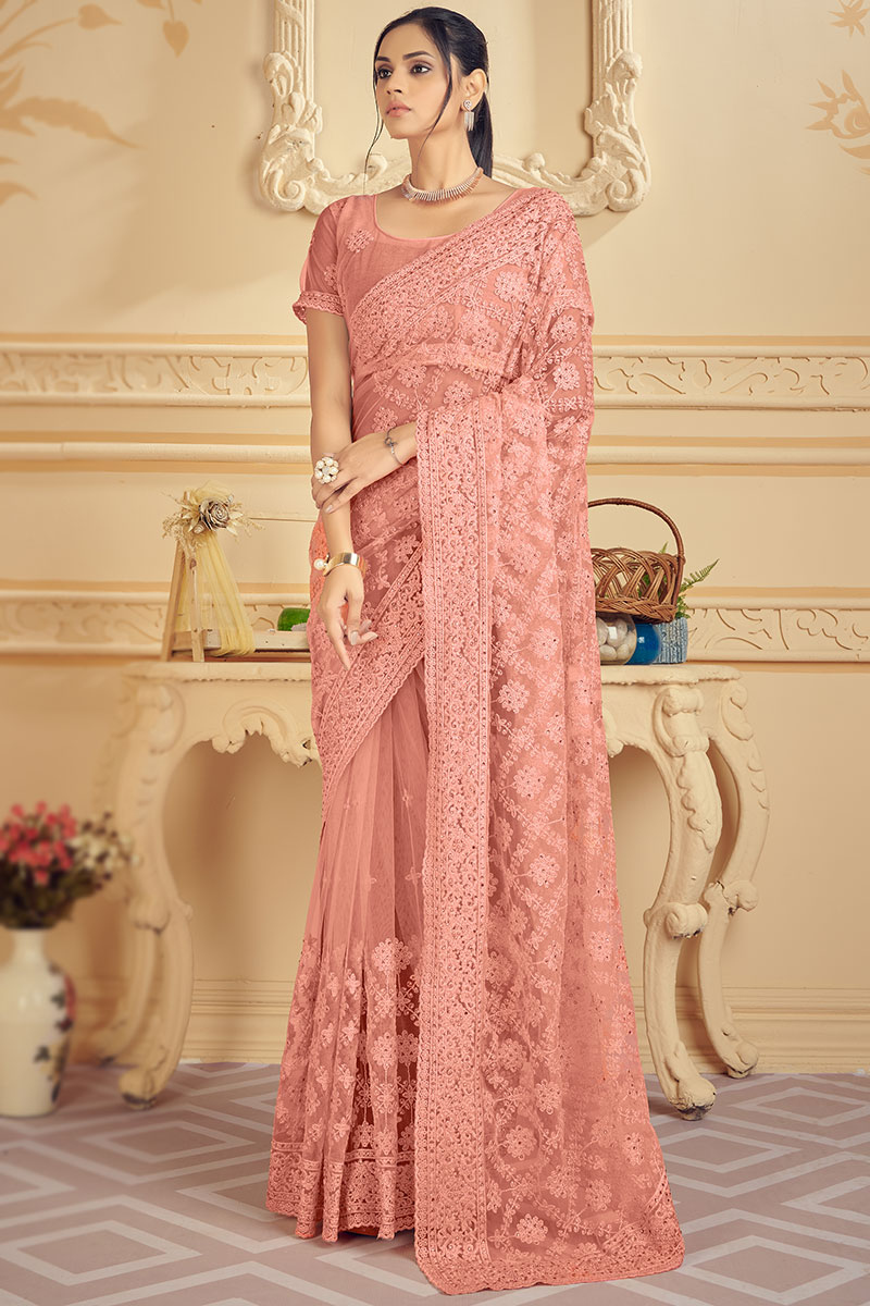 Embroidered Net Salmon Peach Saree