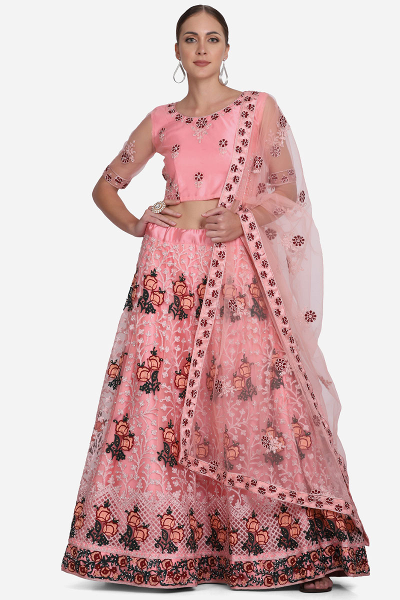 Net Salmon Pink Party Wear Lehenga with Stone embroidery