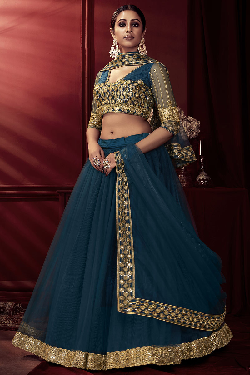 Buy HALFSAREE STUDIO Women Cream and Navy Blue Solid Banarasi Silk and Net  Lehenga with Blouse and Dupatta Online at Best Prices in India - JioMart.