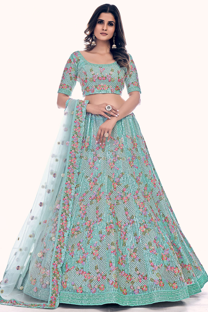  Embroidered Net Turquoise Blue Lehenga
