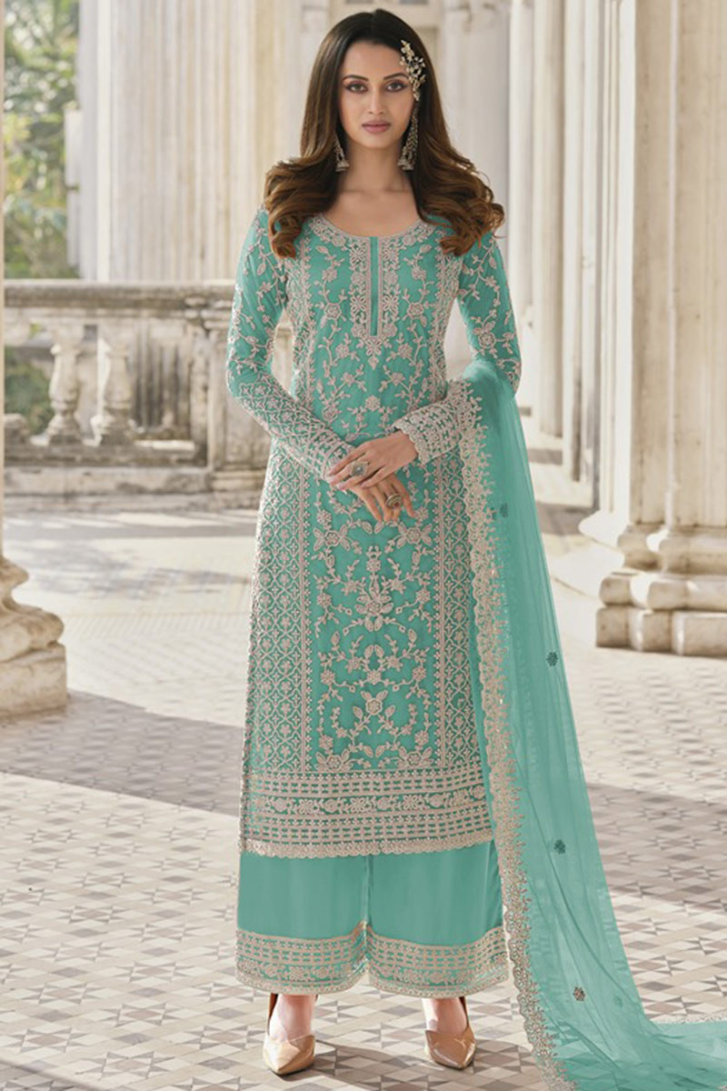 Blue palazzo outfit online