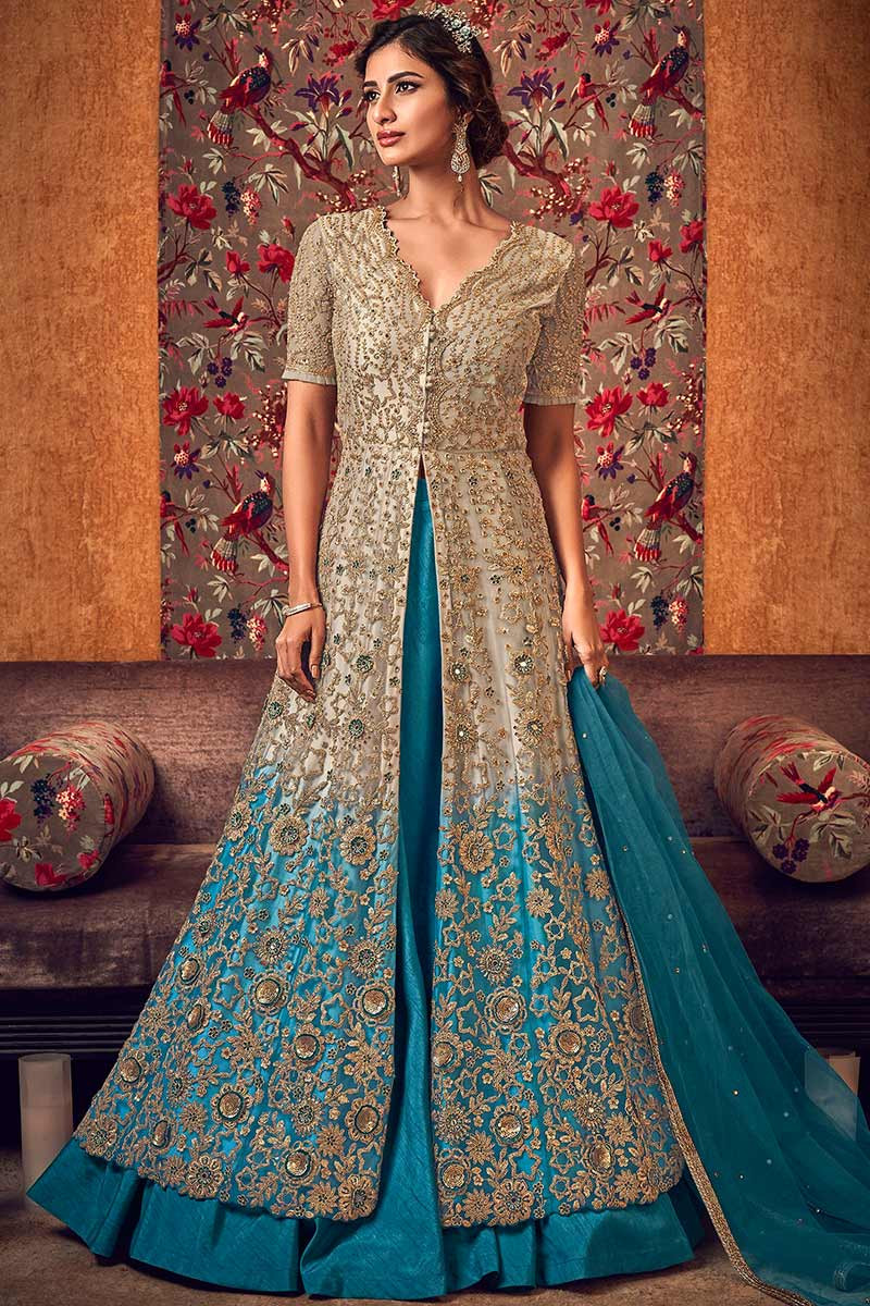 Teal and Gold Heavy Embroidered Lehenga/ Pant Style Anarkali