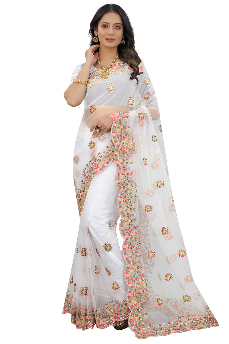 Party Wear Zari Embroidered Saree in Net White