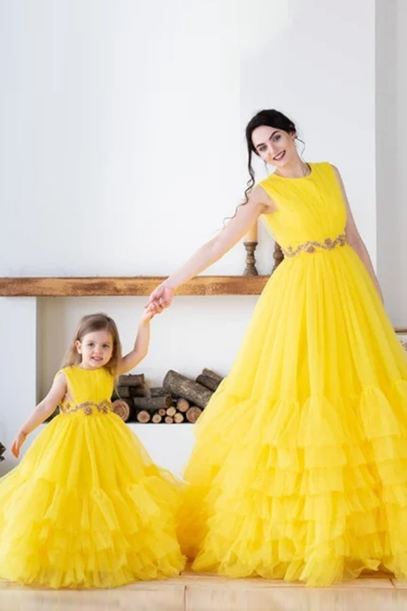 Best Price Embroidered Net Yellow Mother Daughter Duo Gown LSTV118749