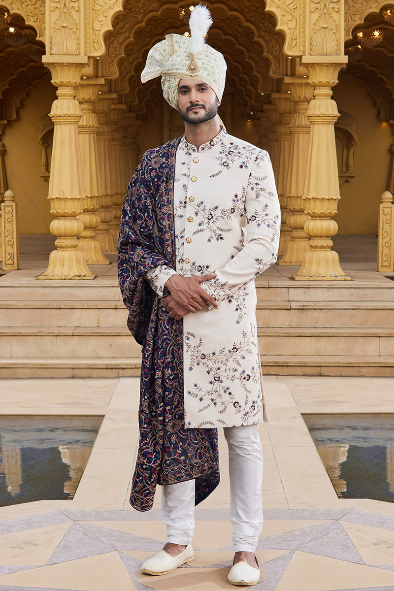 Embroidered Off White Silk Men s Sherwani For Wedding MSTV03196