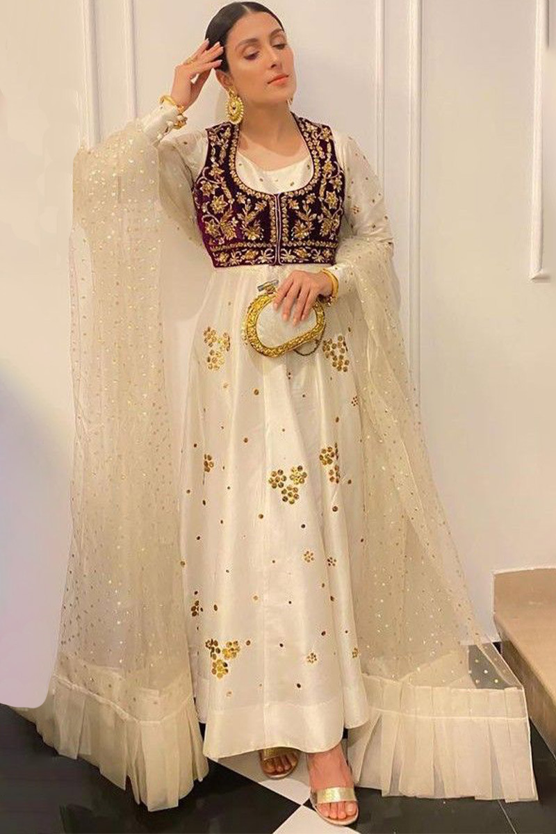 Embroidered Off White Silk Wedding Wear Anarkali Suit