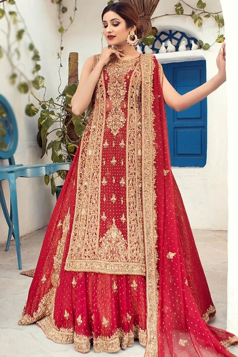Embroidered Organza Red Lehenga Choli