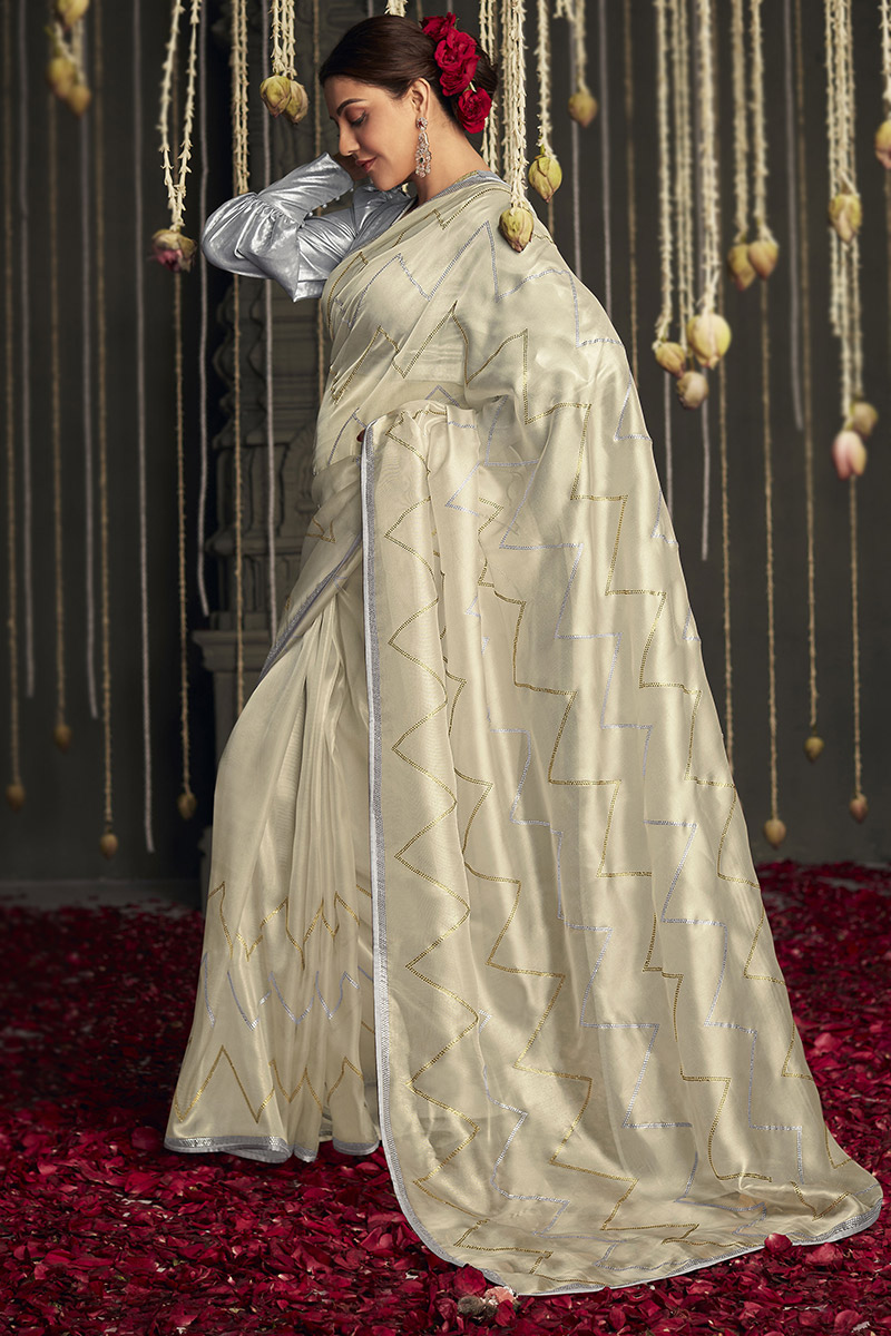 Embroidered Organza Silk Light Beige Saree